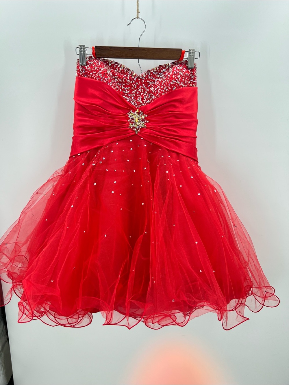 196 Mori Lee Red Beaded Gown, Mini Dress Strapless, preowned